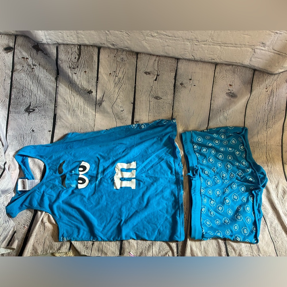 M&M’s Candy Blue M&M Womens 2‎ Piece Pajama Set Tank Top Shorts Logo Print Sz L